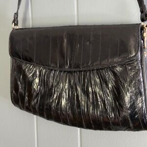 Vintage Black Genuine eel Skin Purse‎ Made Korea Ruched Rare Shoulder Bag Clutch